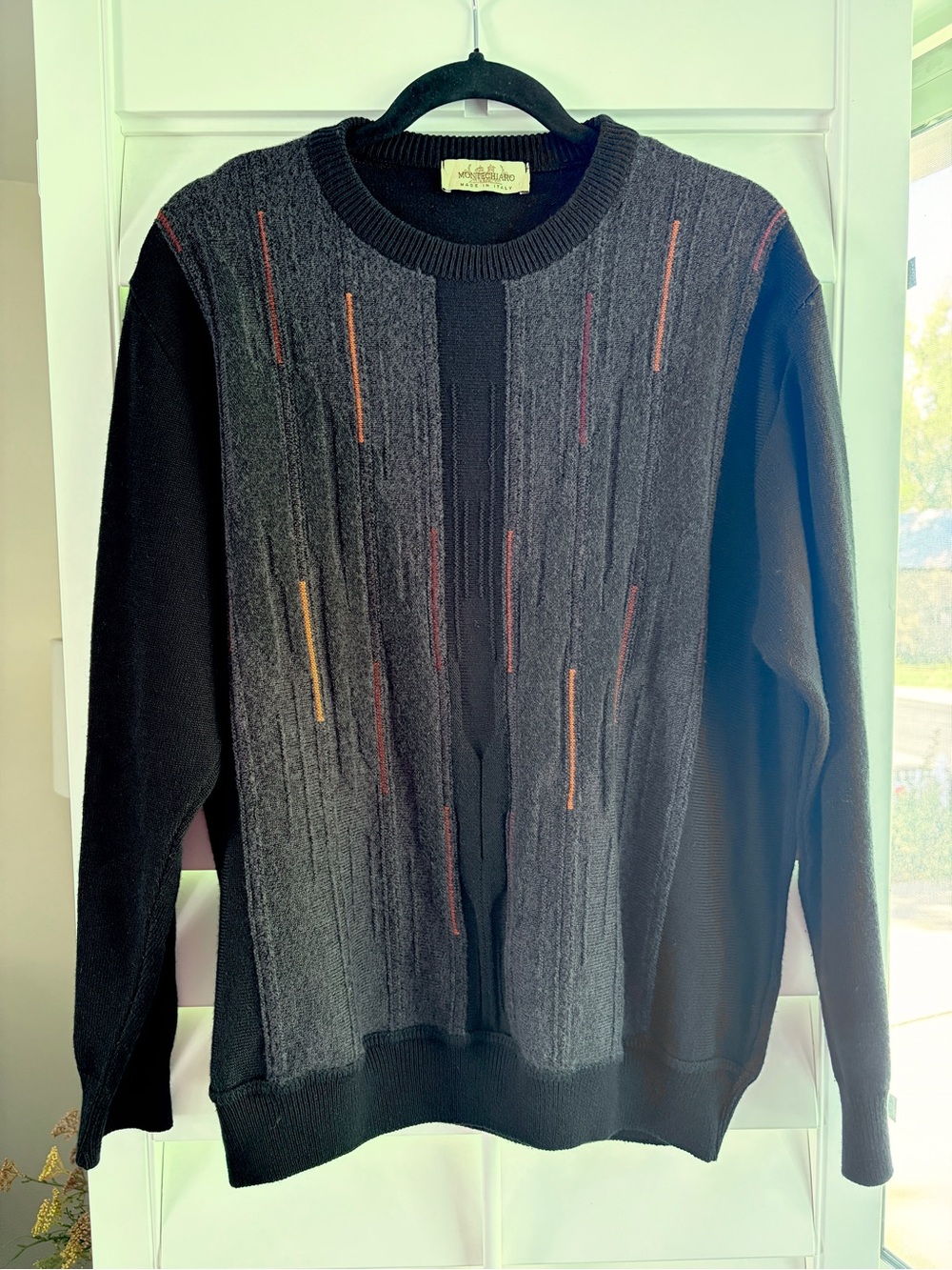 Vintage Montechiaro Men's Black Cable Knit Sweater with Subtle Accent Stripes